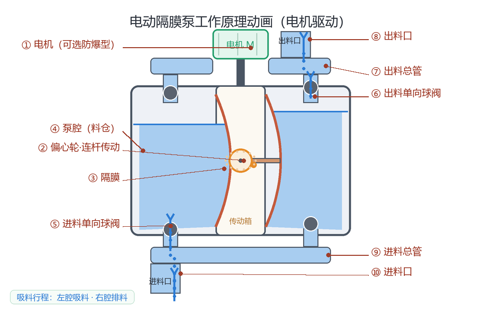 电动隔膜泵结构标注图:电机、偏心轮连杆、隔膜、单向球阀