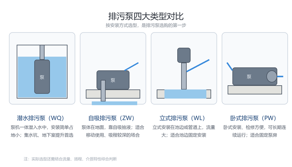 排污泵四大类型对比:潜水排污泵、自吸排污泵、立式排污泵、卧式排污泵