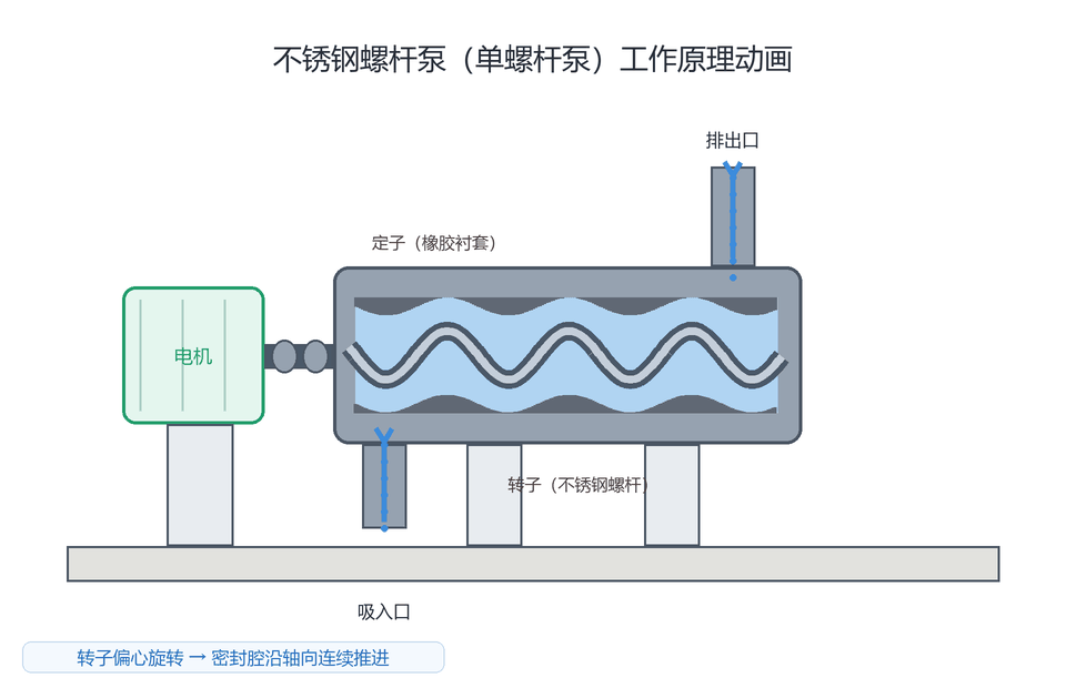 不锈钢螺杆泵工作原理动画:转子在橡胶定子内偏心旋转,密封腔沿轴向连续推进输送介质