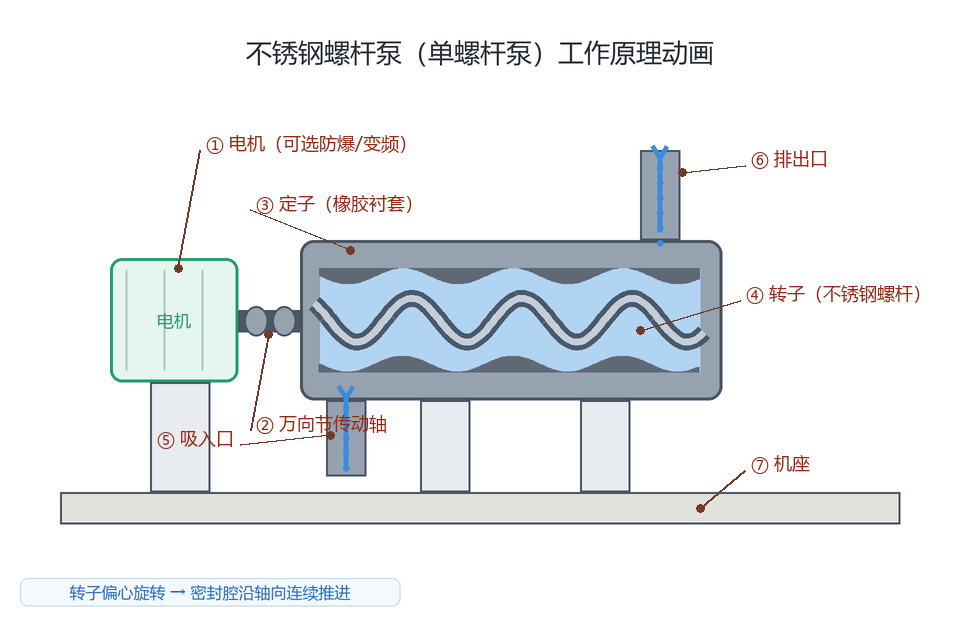 不锈钢螺杆泵结构图:电机、万向节传动轴、定子橡胶衬套、转子不锈钢螺杆、吸入口、排出口