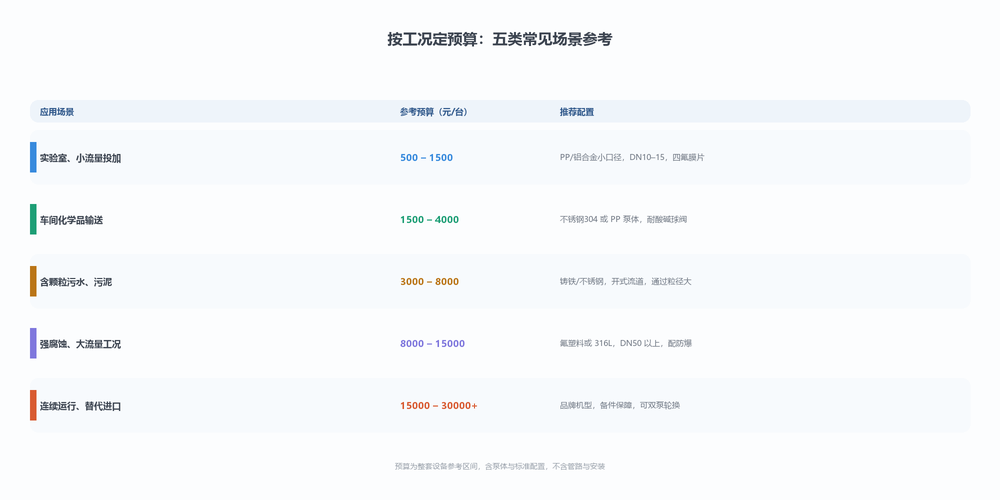 按工况定预算：实验室小流量500-1500元，车间化学品输送1500-4000元，含颗粒污水3000-8000元，强腐蚀大流量8000-15000元，连续运行替代进口15000-30000元