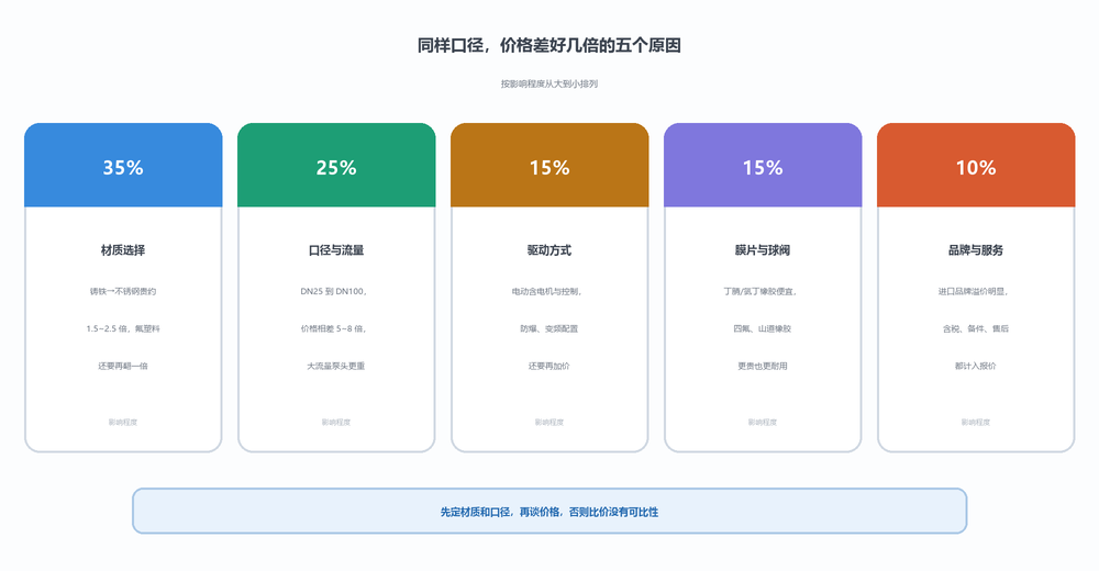影响隔膜泵价格的五大因素：材质选择约35%、口径与流量约25%、驱动方式约15%、膜片与球阀约15%、品牌与服务约10%