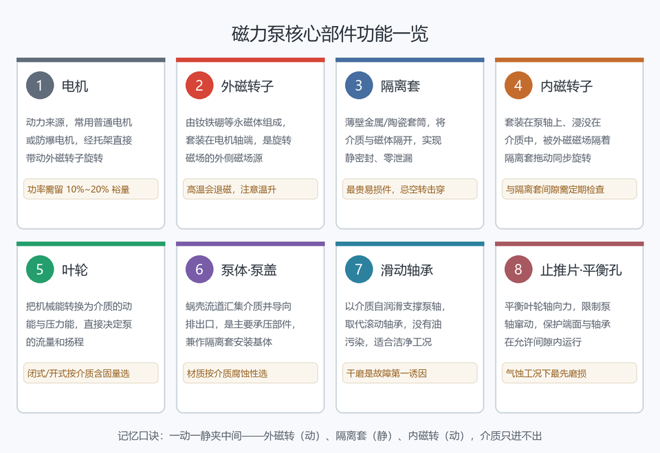 磁力泵核心部件功能一览:电机、外磁转子、隔离套、内磁转子、叶轮、泵体、滑动轴承、止推片的作用与注意点