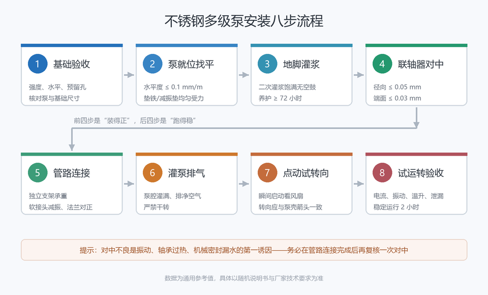 不锈钢多级泵安装八步流程图：基础验收、找平、灌浆、对中、管路连接、灌泵排气、试转向、试运转