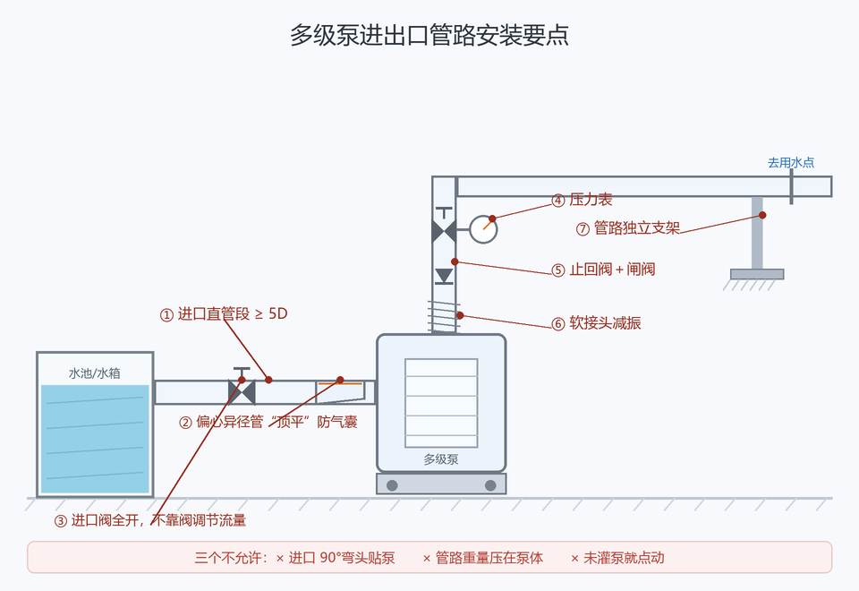 多级泵进出口管路安装要点：进口直管段、偏心异径管顶平、出口止回阀闸阀压力表、独立支架、软接头