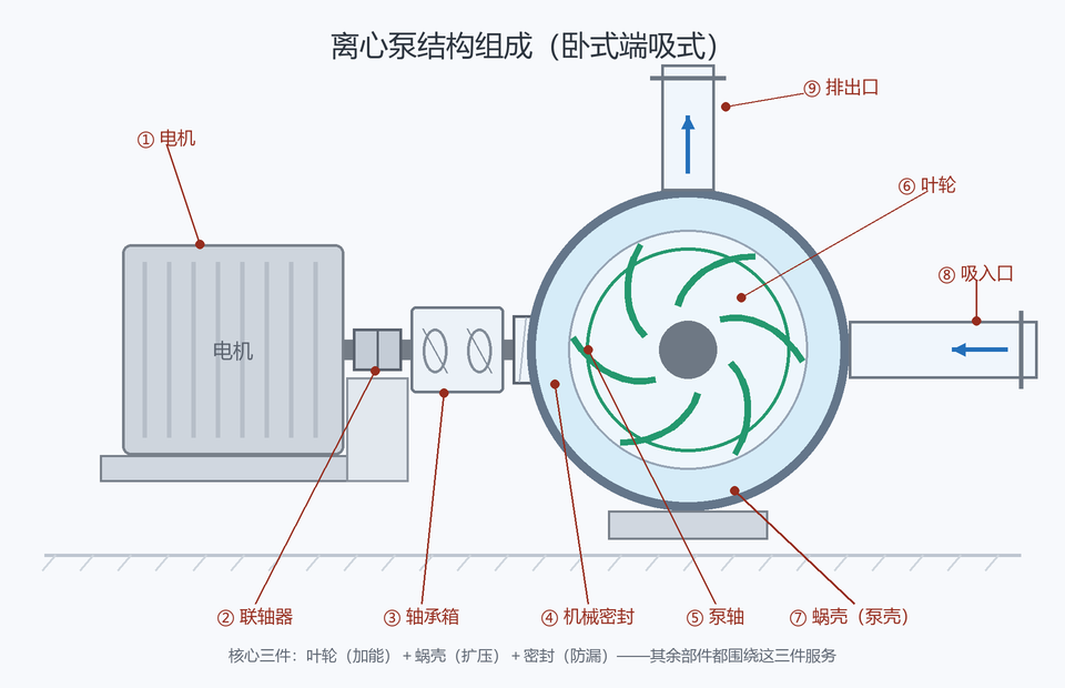 离心泵结构组成:电机、联轴器、轴承箱、机械密封、泵轴、叶轮、蜗壳、吸入口、排出口标注图